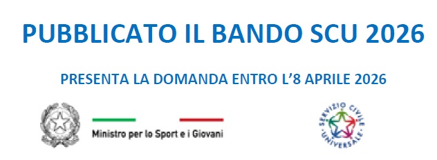 Scritta Pubblicato il bando scu 2026 presenta la domanda entro l'8 aprile 2026. subito sotto l'immagine con a sinistra logo Ministero, al centro scritta Ministro per lo sport e i giovani e a destra logo servizio civile universale